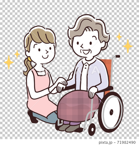 ベクターイラスト素材 車椅子に乗るシニア女性と寄り添う介護スタッフのイラスト素材